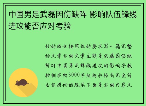 中国男足武磊因伤缺阵 影响队伍锋线进攻能否应对考验 中国男足武磊因伤缺阵 影响队伍锋线进攻能否应对考验