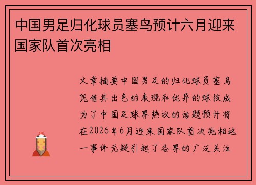 中国男足归化球员塞鸟预计六月迎来国家队首次亮相